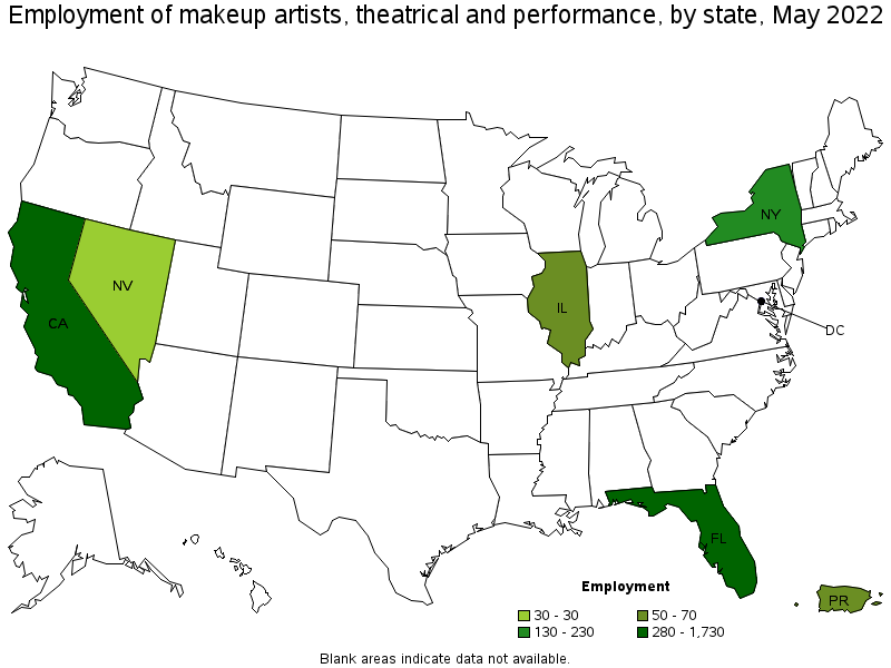 Map of employment of makeup artists, theatrical and performance by state, May 2022