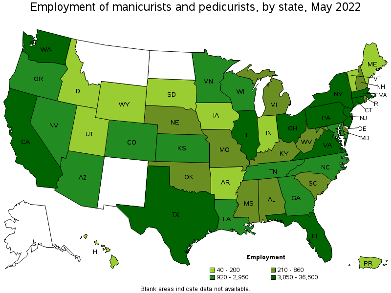 Map of employment of manicurists and pedicurists by state, May 2022