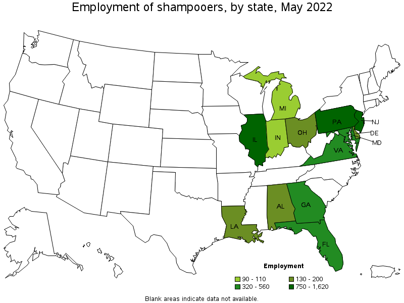 Map of employment of shampooers by state, May 2022