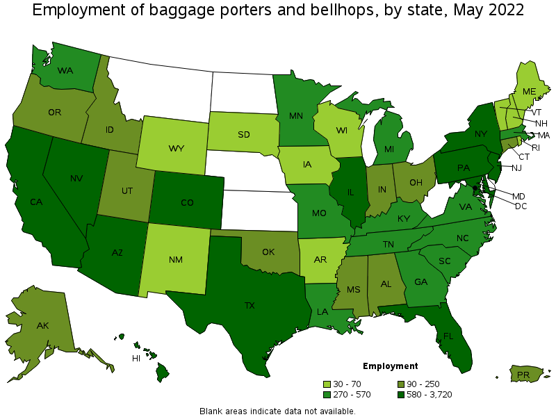 Map of employment of baggage porters and bellhops by state, May 2022