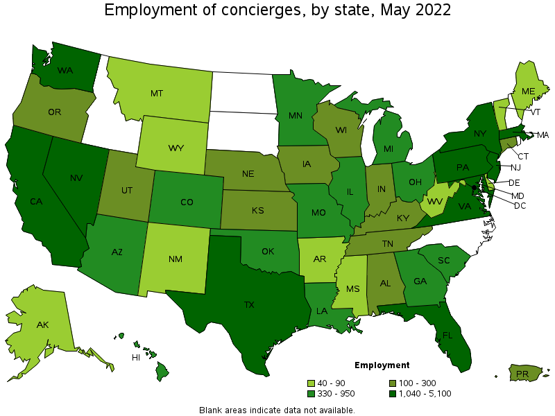 Map of employment of concierges by state, May 2022