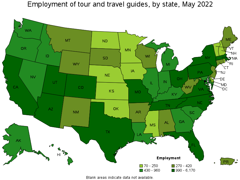 Map of employment of tour and travel guides by state, May 2022