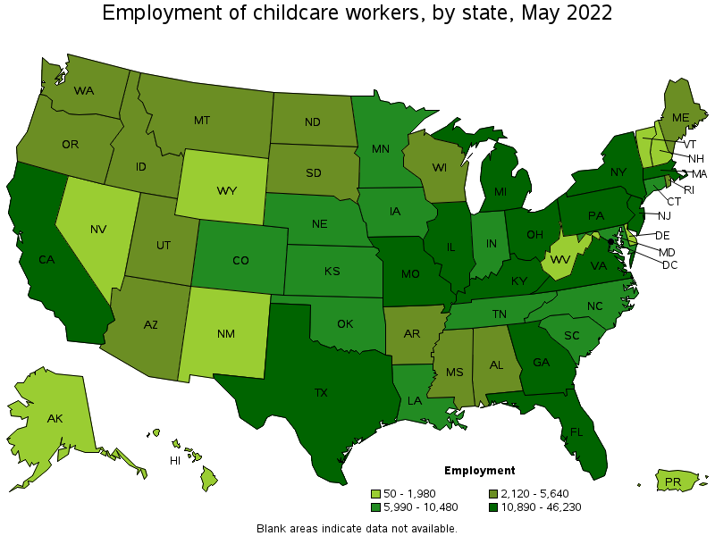 Map of employment of childcare workers by state, May 2022