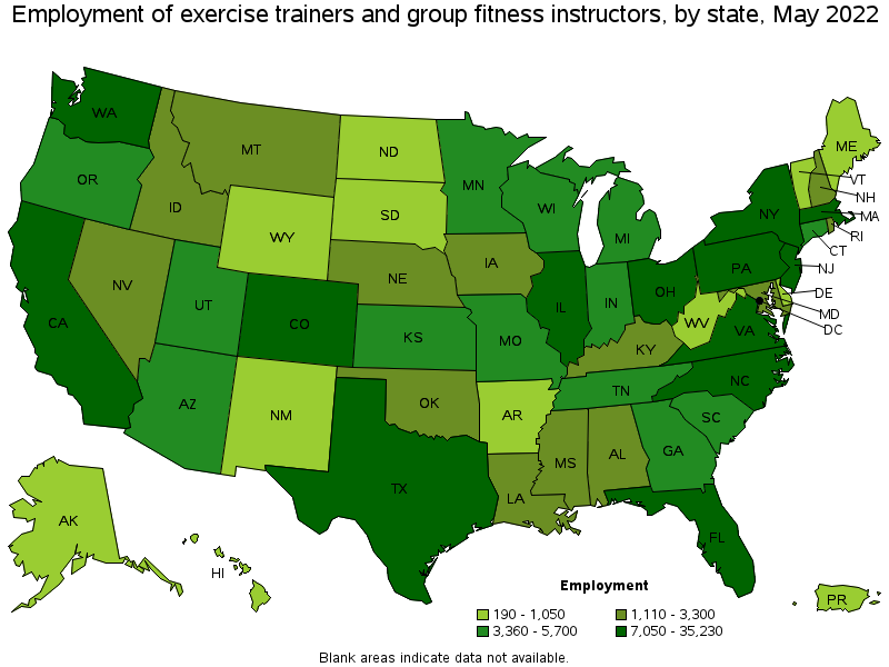 Map of employment of exercise trainers and group fitness instructors by state, May 2022