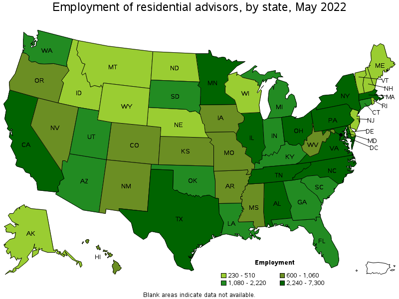 Map of employment of residential advisors by state, May 2022