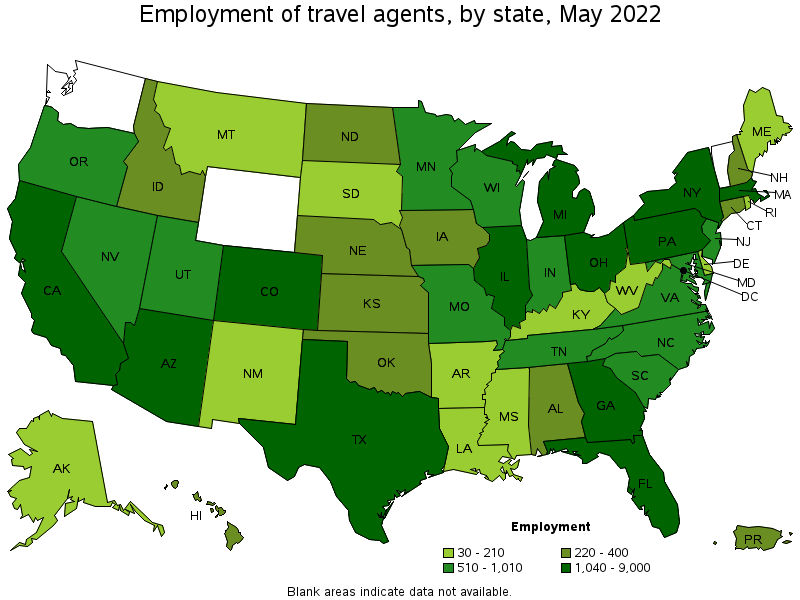 Map of employment of travel agents by state, May 2022