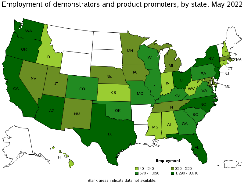 Map of employment of demonstrators and product promoters by state, May 2022