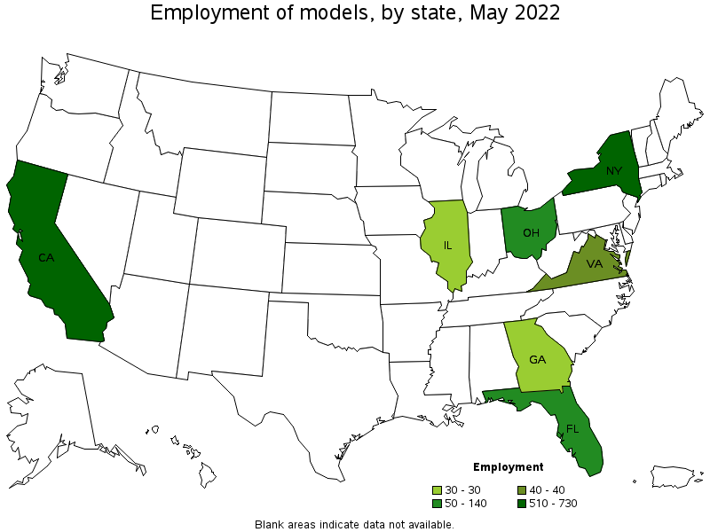Map of employment of models by state, May 2022