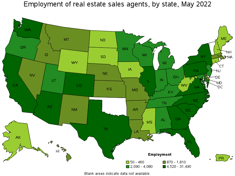 Map of employment of real estate sales agents by state, May 2022