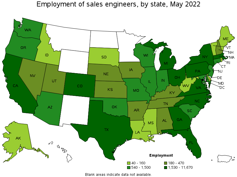 Map of employment of sales engineers by state, May 2022
