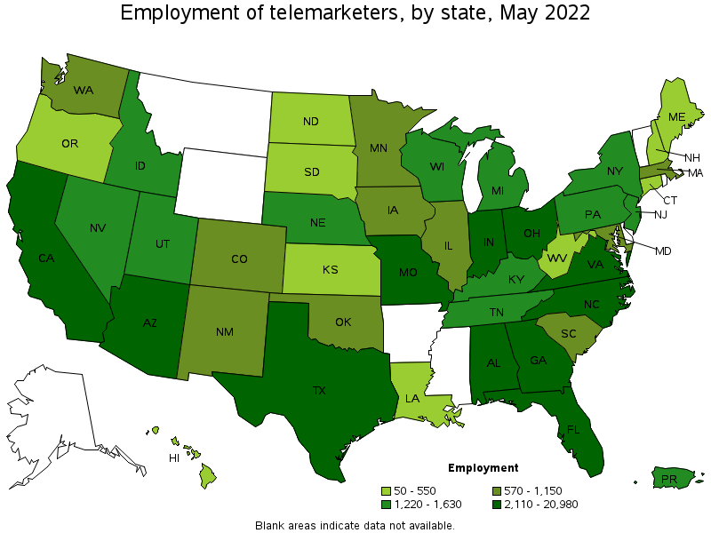 Map of employment of telemarketers by state, May 2022