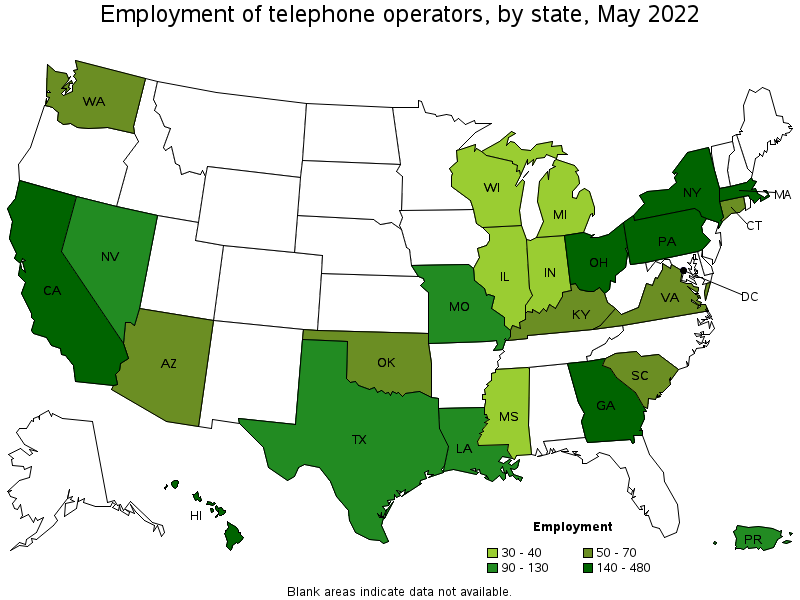 Map of employment of telephone operators by state, May 2022