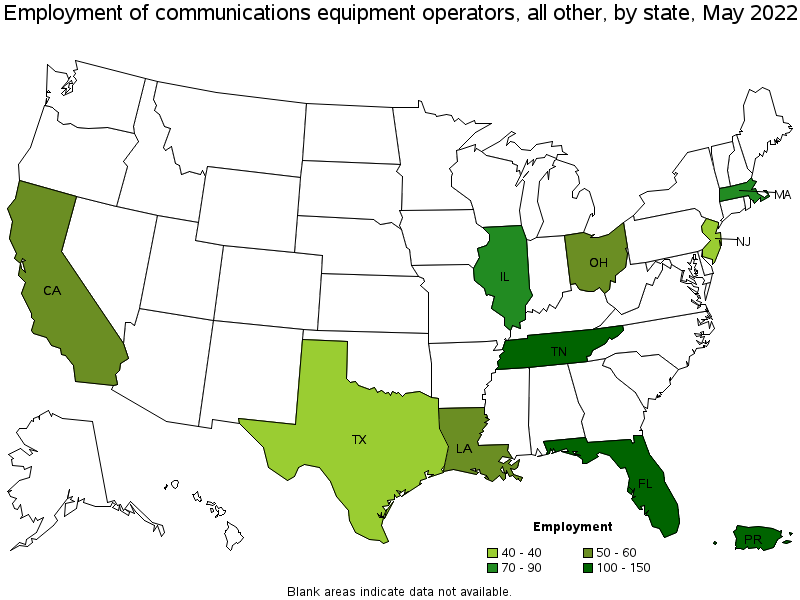 Map of employment of communications equipment operators, all other by state, May 2022