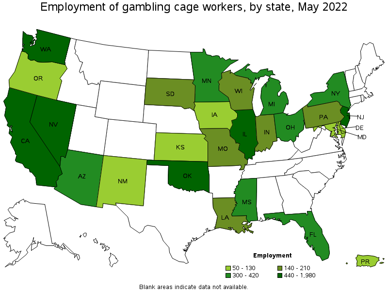 Map of employment of gambling cage workers by state, May 2022