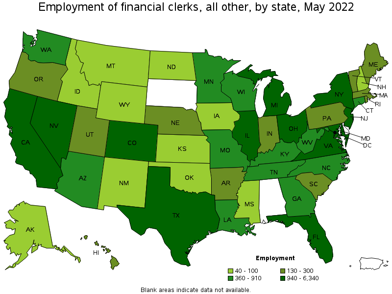 Map of employment of financial clerks, all other by state, May 2022