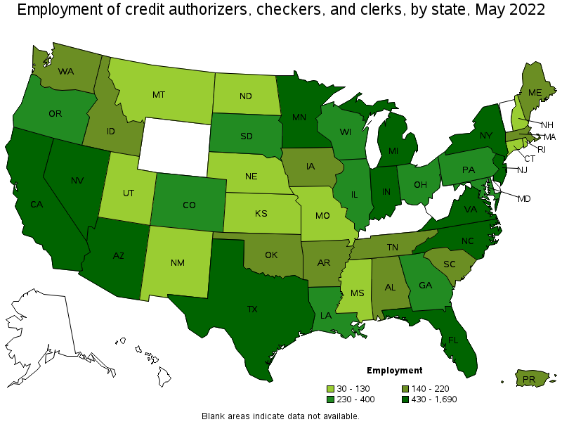 Map of employment of credit authorizers, checkers, and clerks by state, May 2022