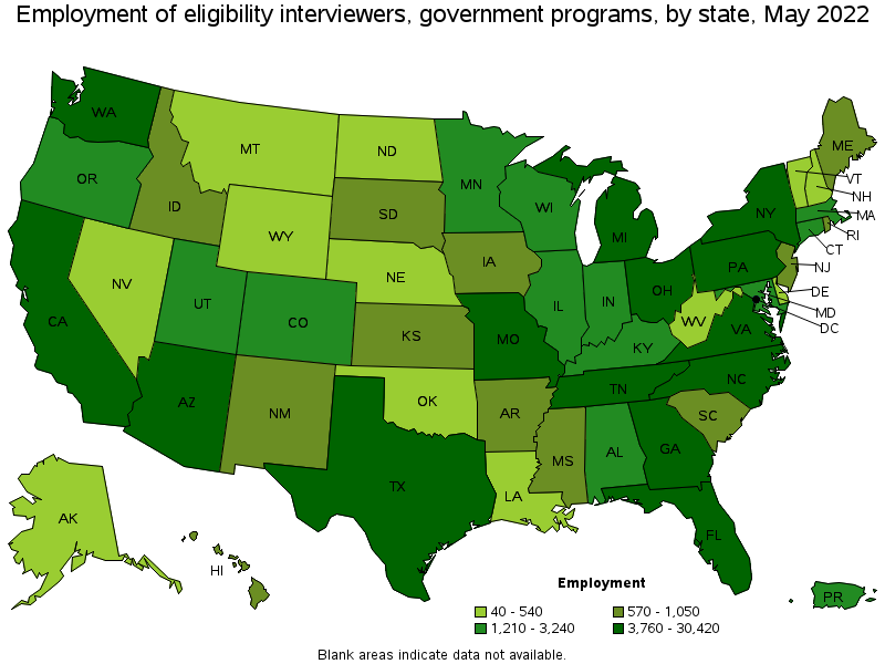 Map of employment of eligibility interviewers, government programs by state, May 2022