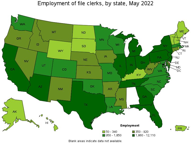 Map of employment of file clerks by state, May 2022