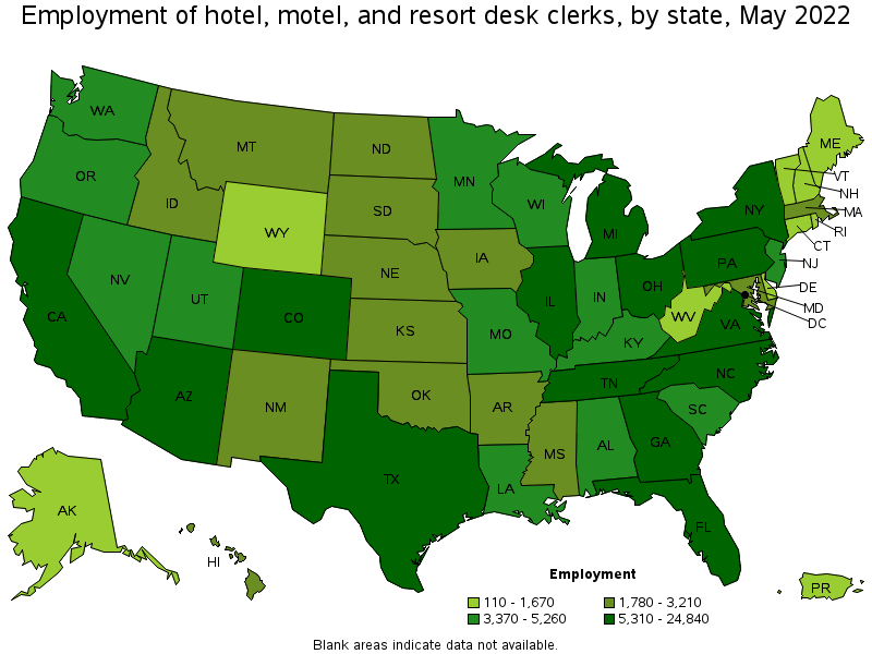 Map of employment of hotel, motel, and resort desk clerks by state, May 2022
