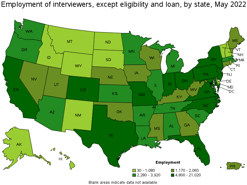 Map of employment of interviewers, except eligibility and loan by state, May 2022