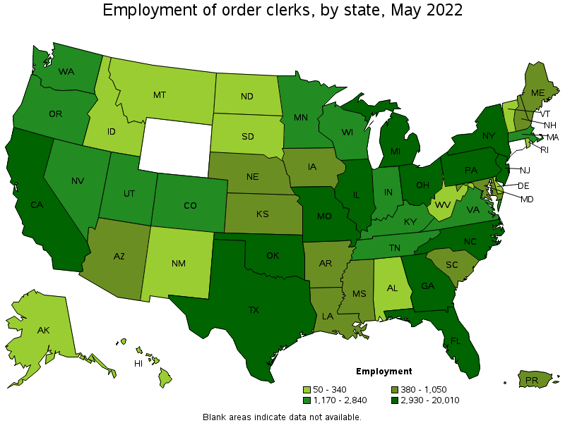 Map of employment of order clerks by state, May 2022