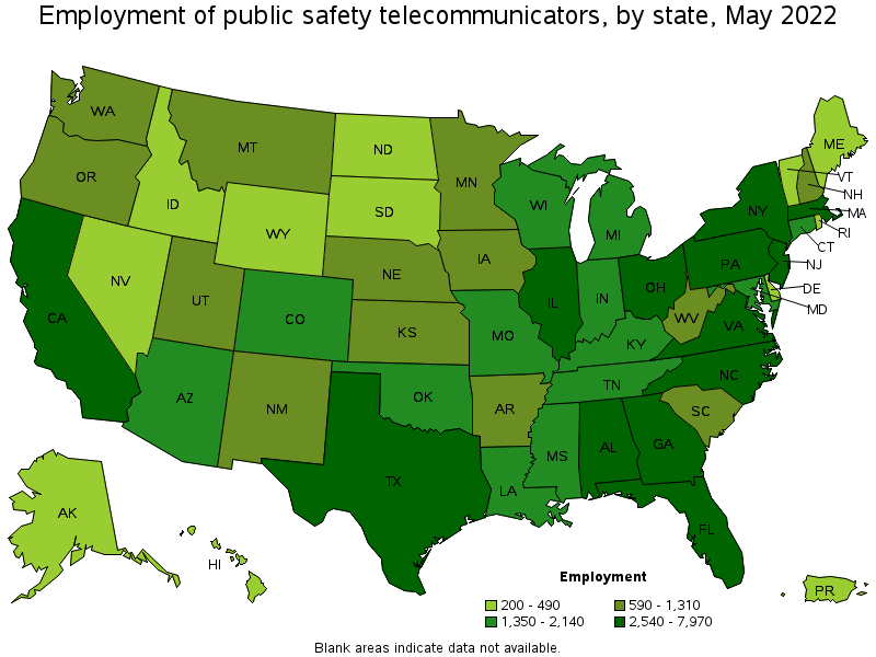 Map of employment of public safety telecommunicators by state, May 2022