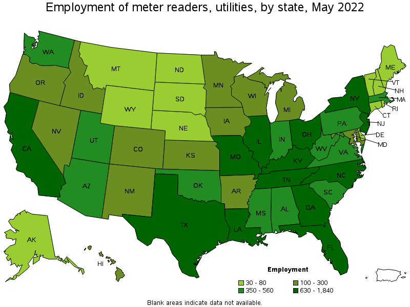 Map of employment of meter readers, utilities by state, May 2022