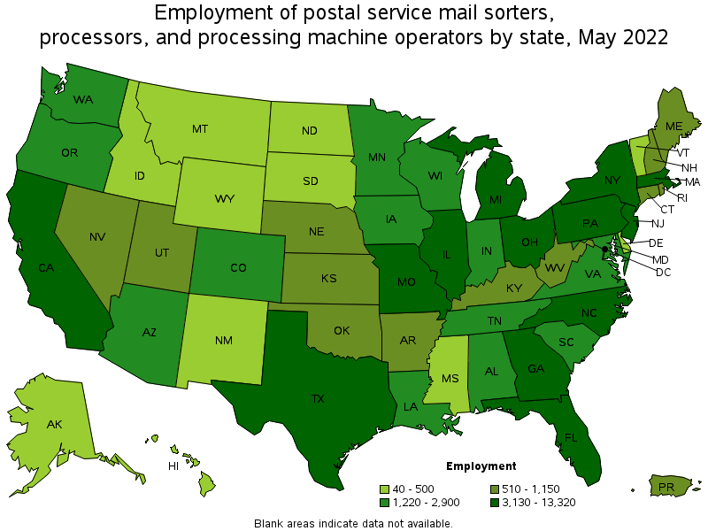 Map of employment of postal service mail sorters, processors, and processing machine operators by state, May 2022