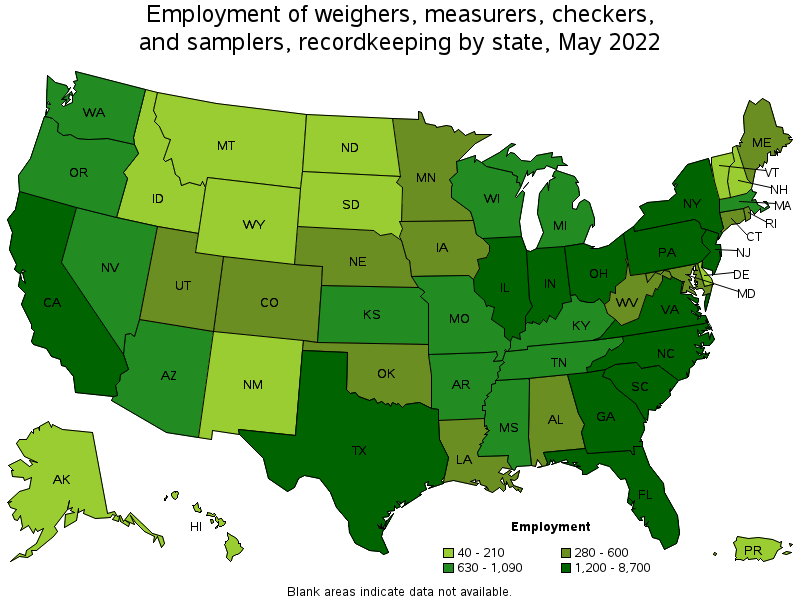 Map of employment of weighers, measurers, checkers, and samplers, recordkeeping by state, May 2022