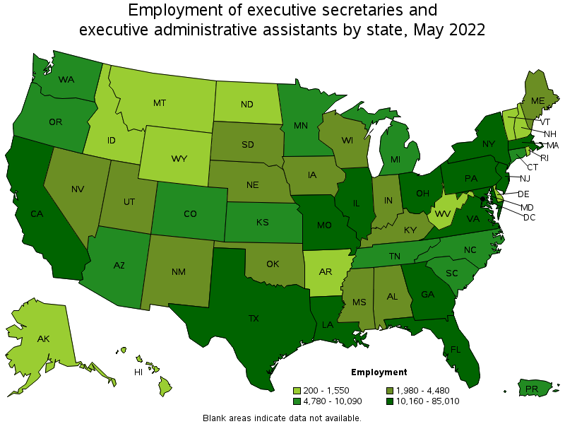 Map of employment of executive secretaries and executive administrative assistants by state, May 2022
