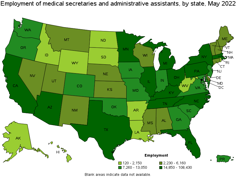 Map of employment of medical secretaries and administrative assistants by state, May 2022