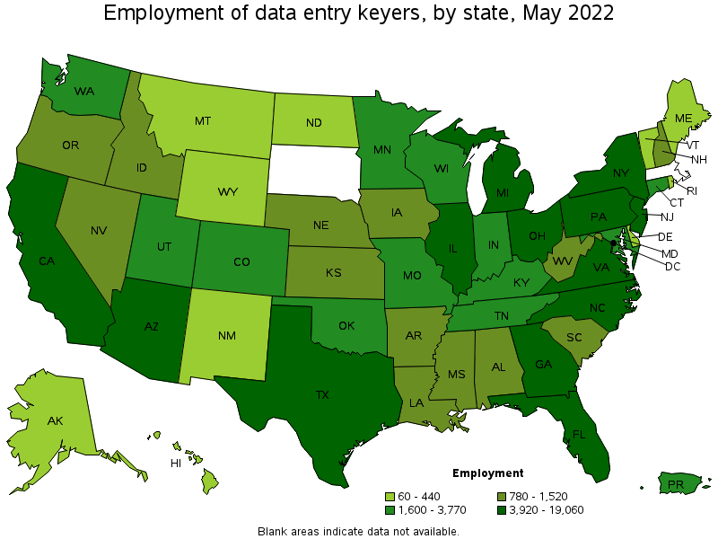 Map of employment of data entry keyers by state, May 2022