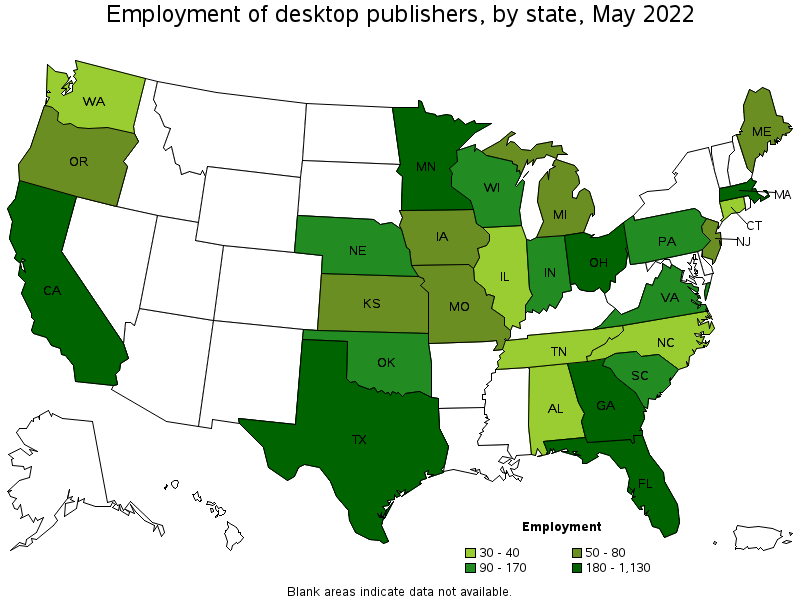 Map of employment of desktop publishers by state, May 2022