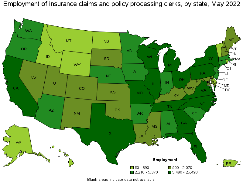 Map of employment of insurance claims and policy processing clerks by state, May 2022