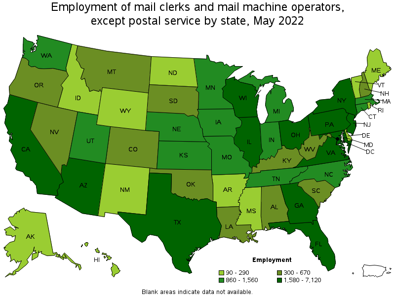Map of employment of mail clerks and mail machine operators, except postal service by state, May 2022