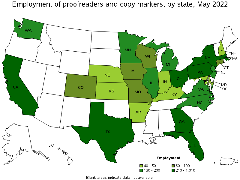 Map of employment of proofreaders and copy markers by state, May 2022