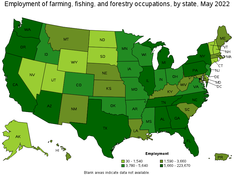 Map of employment of farming, fishing, and forestry occupations by state, May 2022