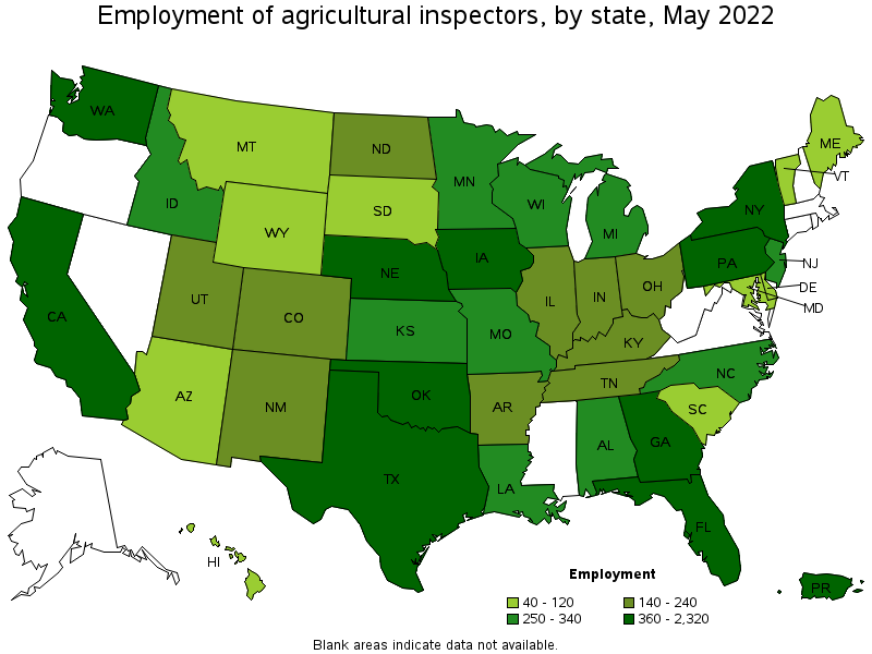 Map of employment of agricultural inspectors by state, May 2022