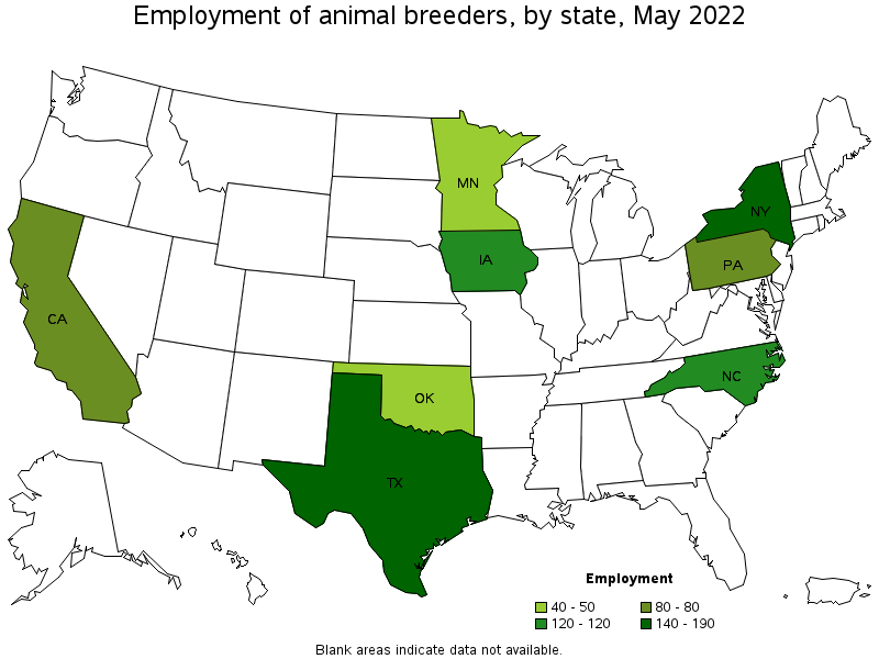 Map of employment of animal breeders by state, May 2022