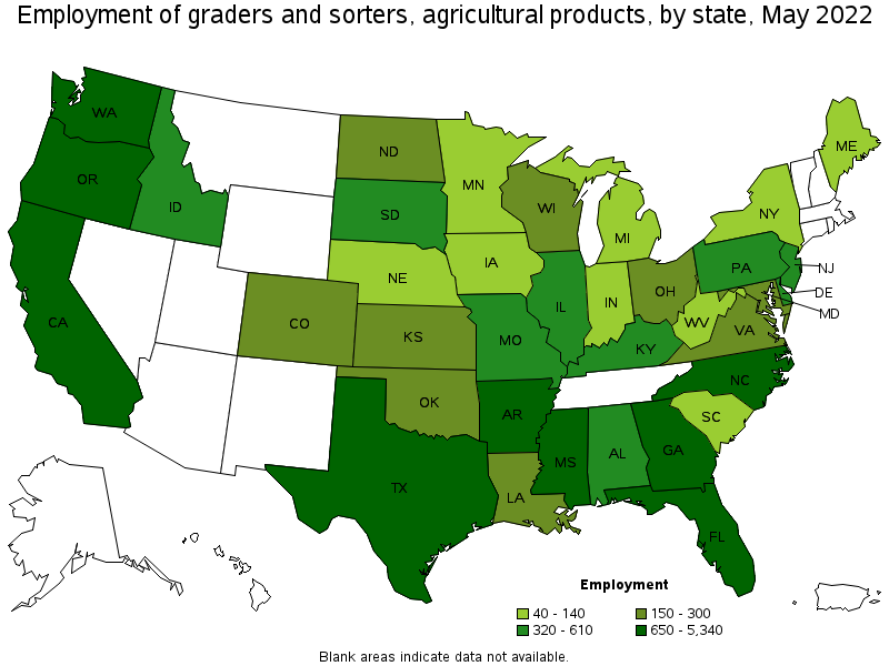 Map of employment of graders and sorters, agricultural products by state, May 2022