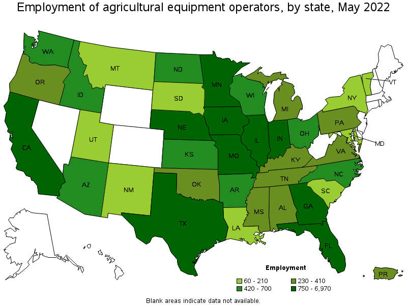 Map of employment of agricultural equipment operators by state, May 2022