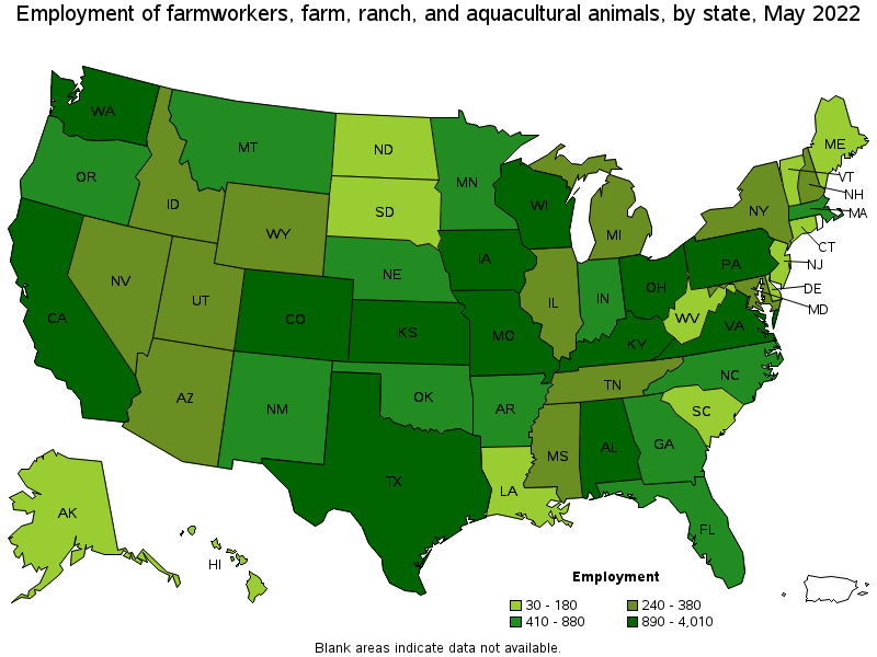 Map of employment of farmworkers, farm, ranch, and aquacultural animals by state, May 2022