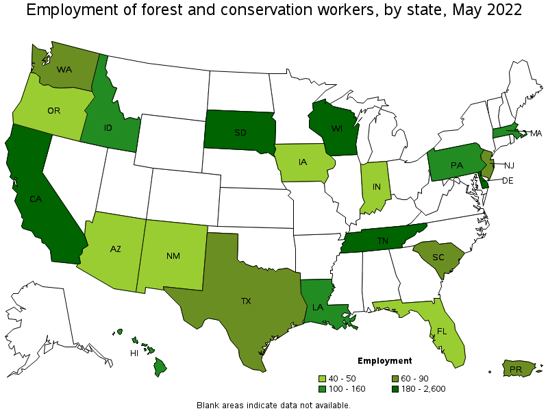 Map of employment of forest and conservation workers by state, May 2022