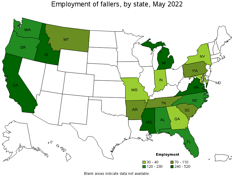 Map of employment of fallers by state, May 2022