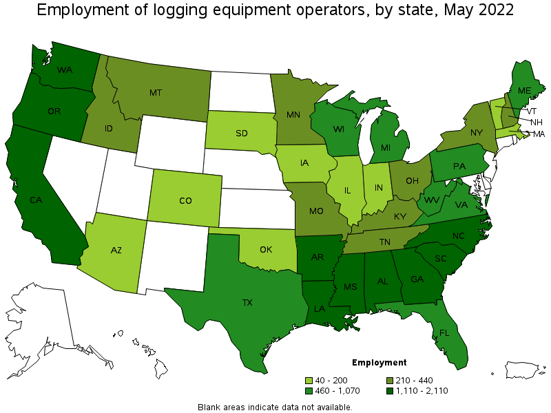 Map of employment of logging equipment operators by state, May 2022