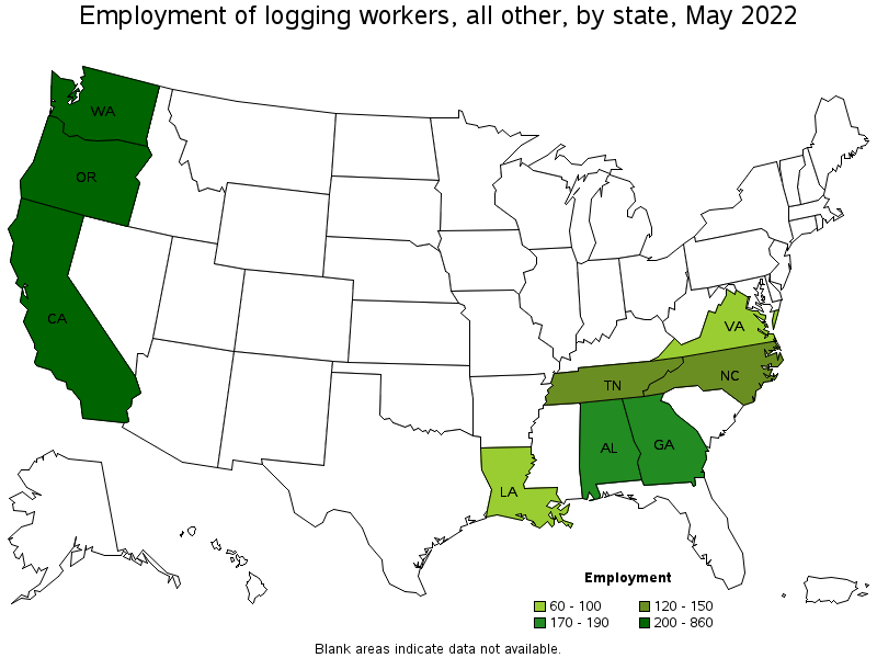 Map of employment of logging workers, all other by state, May 2022