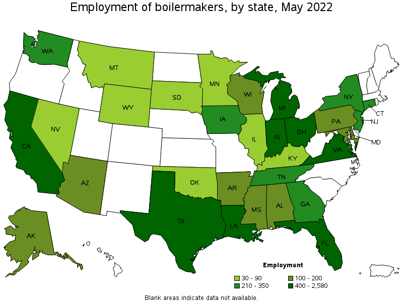 Map of employment of boilermakers by state, May 2022