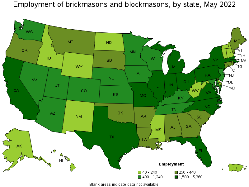 Map of employment of brickmasons and blockmasons by state, May 2022