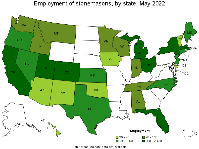 Map of employment of stonemasons by state, May 2022