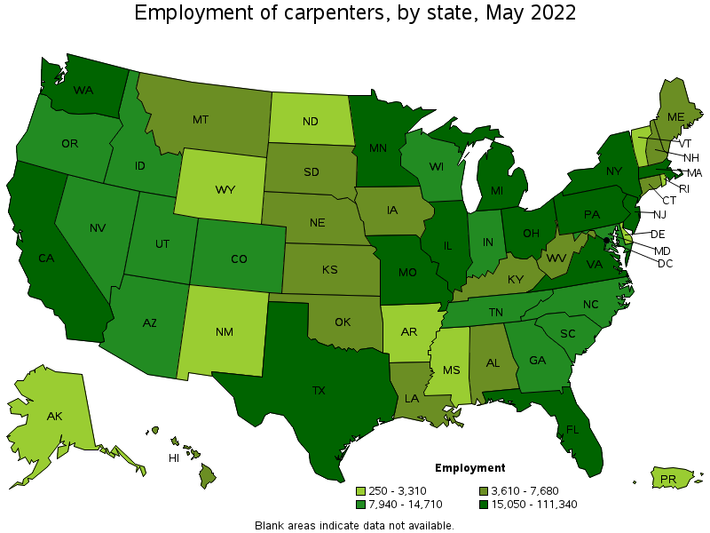 Map of employment of carpenters by state, May 2022